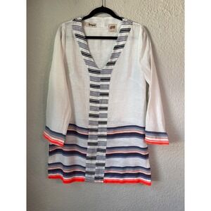 Lemlem Striped V-Neck Tunic Cover Up White Blue Orange M